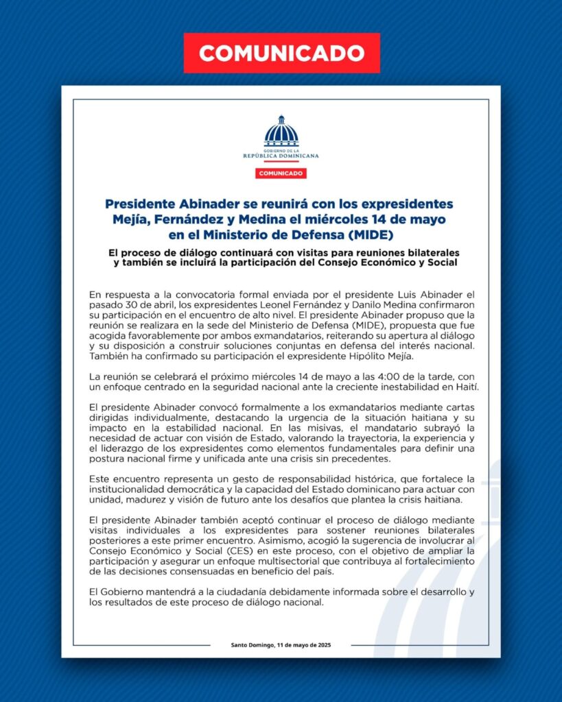Abinader se reunirá este miércoles con los expresidentes Mejía, Fernández y Medina
