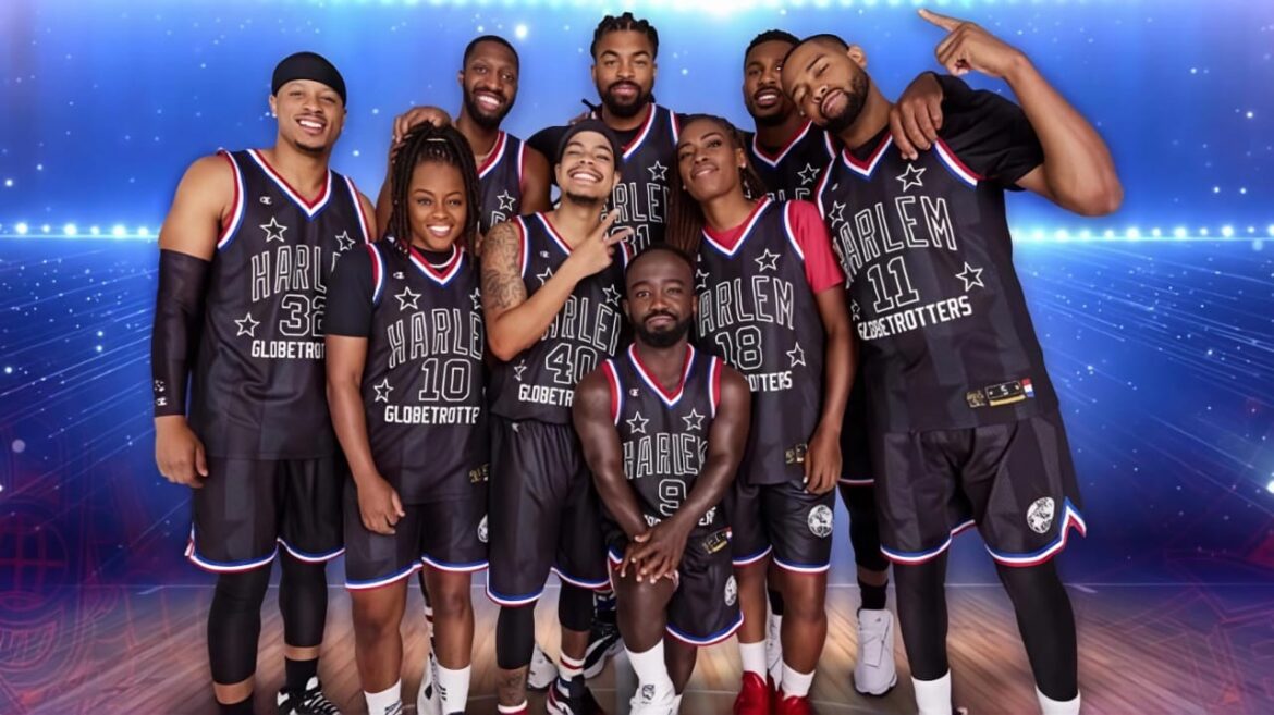 Harlem Globetrotters realizando jugadas espectaculares en show de baloncesto